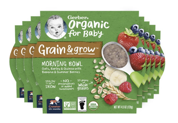 Gerber Organic Grain & Grow Morning Bowl, Oats, Barley & Red Quinoa With Banana & Summer Berries, 4.5 Ounce (Pack of 8)